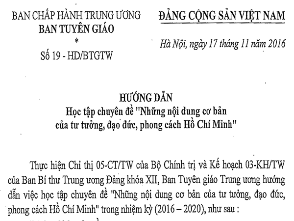 Hướng Dẫn Số 19-Hd/Btgtw Ngày 17/11/2016 Của Ban Tuyên Giáo Trung Ương