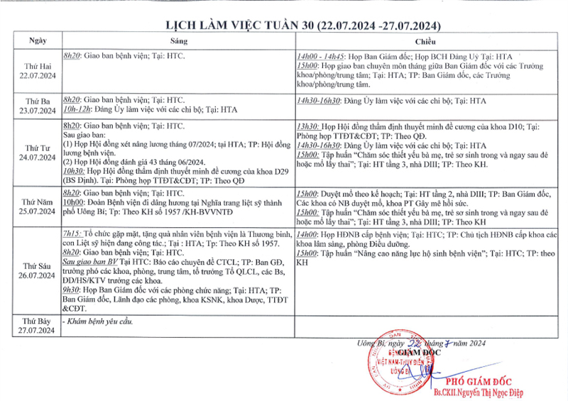 Lịch làm việc tuần 30/2024 (22.07.2024 - 27.07.2024)