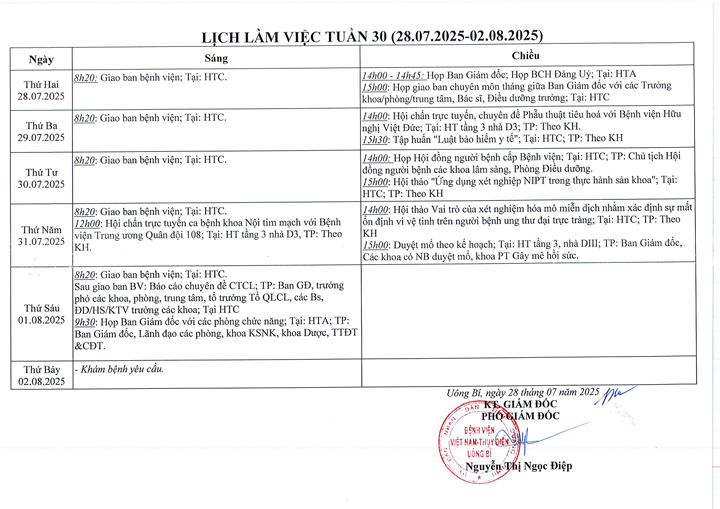 Lịch làm việc tuần 30/2025 (28.07.2025 - 02.08.2025)