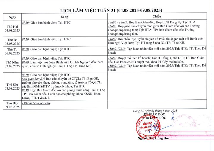 Lịch làm việc tuần 31/2025 (04.08.2025 - 09.08.2025)