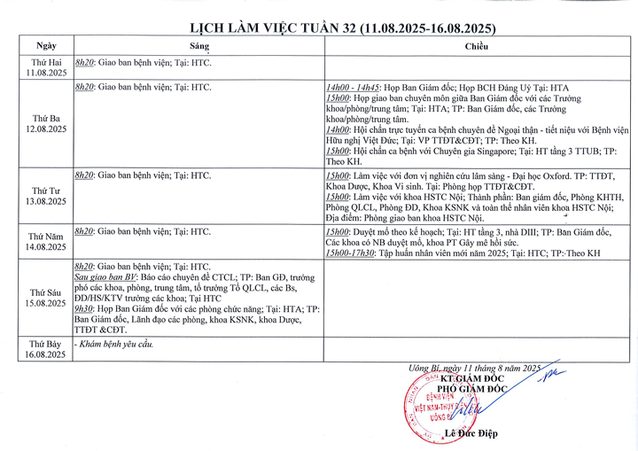Lịch làm việc tuần 32/2025 (11.08.2025 - 16.08.2025)
