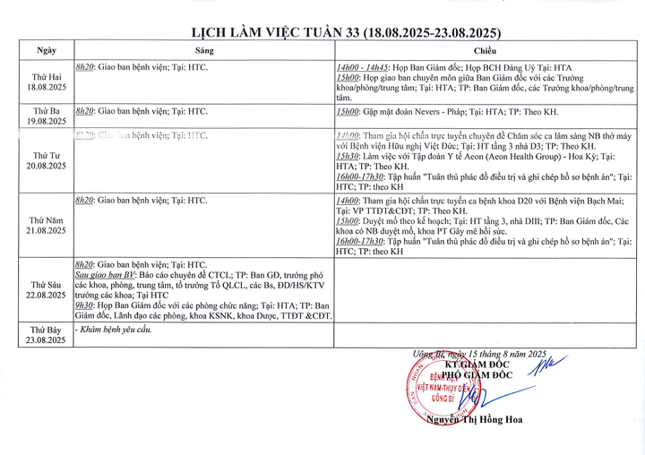 Lịch làm việc tuần 33/2025 (18.08.2025 - 23.08.2025)