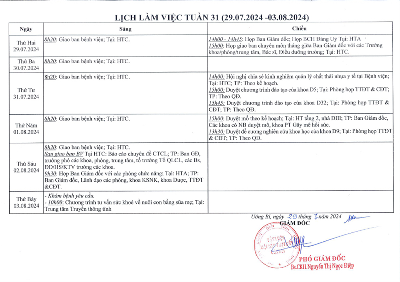 Lịch làm việc tuần 31/2024 (29.07.2024 - 03.08.2024)