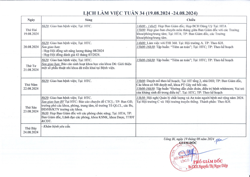 Lịch làm việc tuần 34/2024 (19.08.2024 - 24.08.2024)