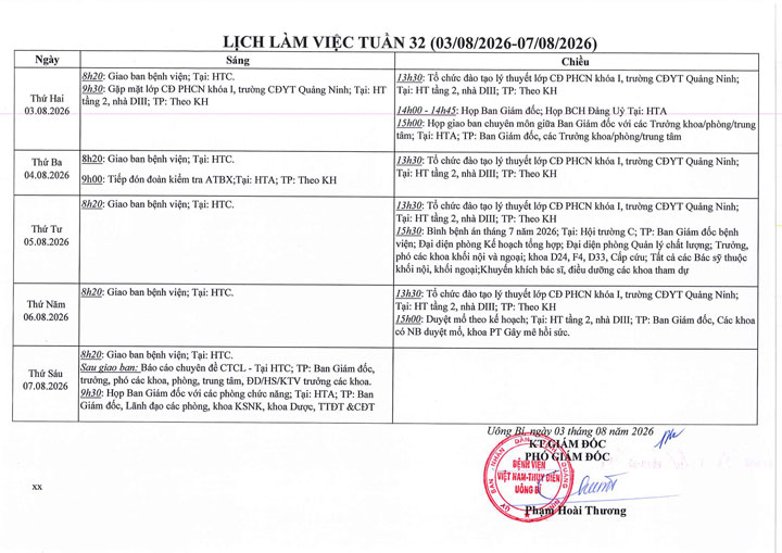 Lịch làm việc tuần 32 ( 03/8 - 07/8/2026 )