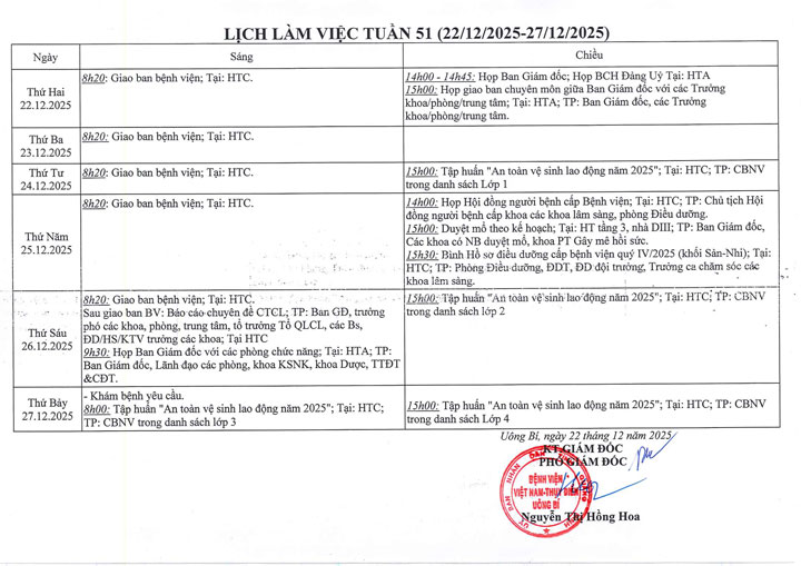 Lịch làm việc tuần 51 (22/12 - 27/12/2025)