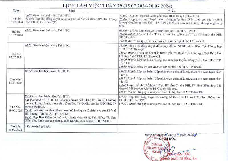 Lịch làm việc tuần 29/2024 (15.07.2024 - 20.07.2024)