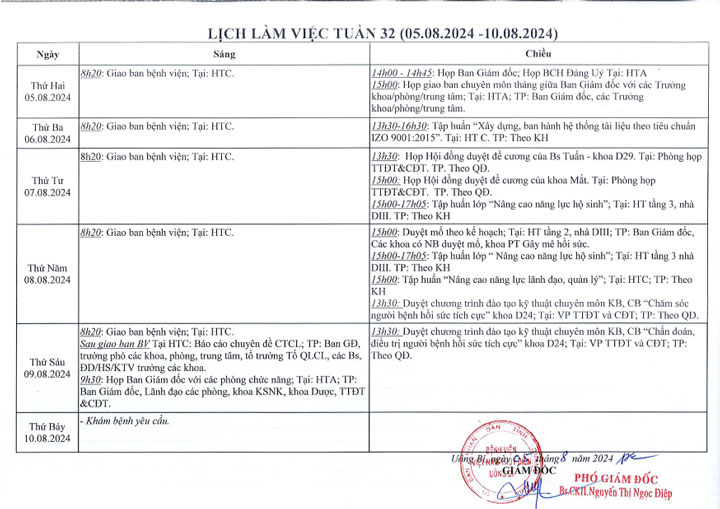 Lịch làm việc tuần 32/2024 (05.08.2024 - 10.08.2024)