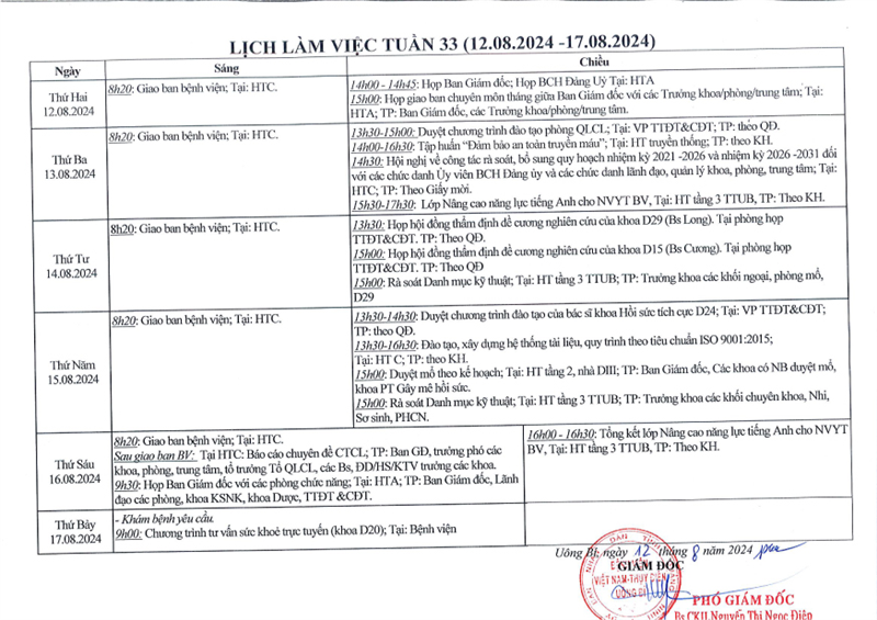 Lịch làm việc tuần 33/2024 (12.08.2024 - 17.08.2024)