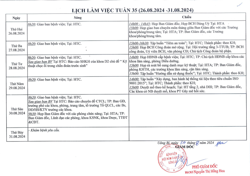 Lịch làm việc tuần 35/2024 (26.08.2024 - 31.08.2024)