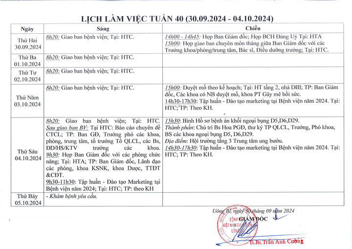 Lịch làm việc tuần 40/2024 (30.09.2024 - 04.10.2024)