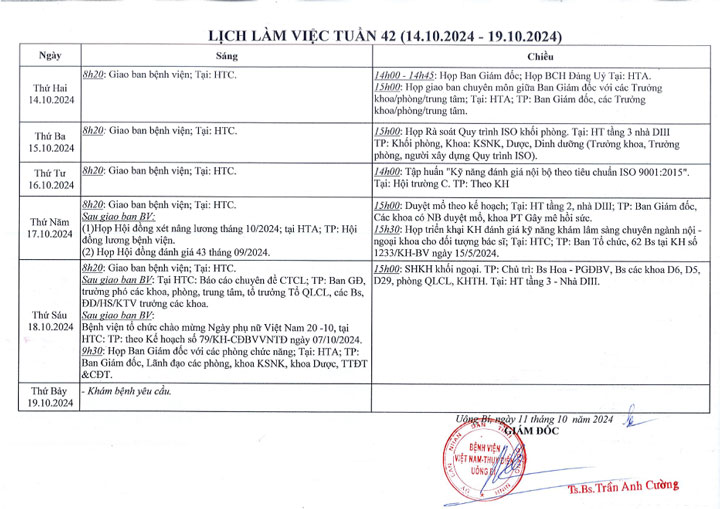 Lịch làm việc tuần 42/2024 (14.10.2024 - 19.10.2024)