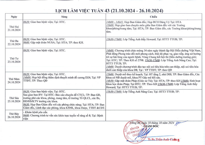 Lịch làm việc tuần 43/2024 (21.10.2024 - 26.10.2024)