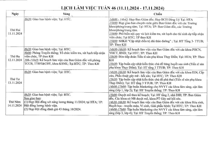 Lịch làm việc tuần 46/2024 (11.11.2024 - 17.11.2024)