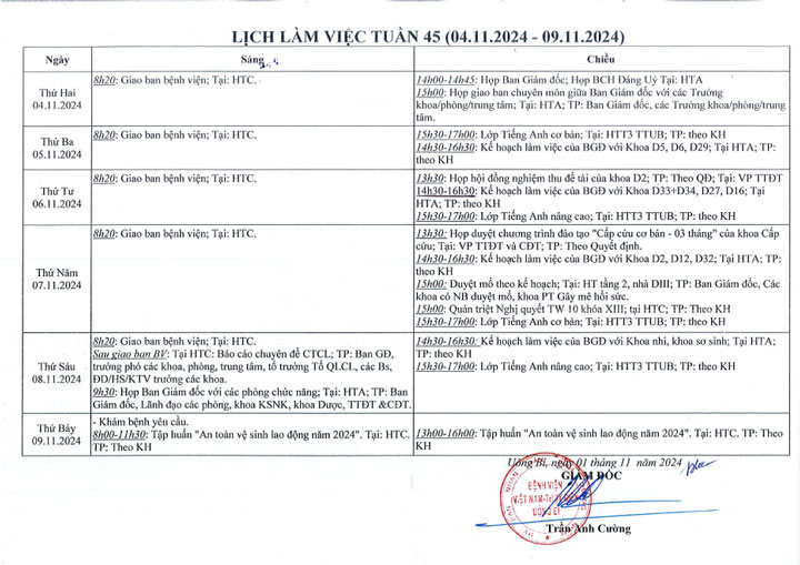 Lịch làm việc tuần 45/2024 (04.11.2024 - 09.11.2024)