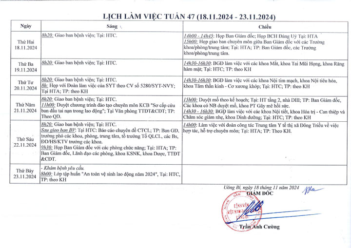 Lịch làm việc tuần 47/2024 (18.11.2024 - 23.11.2024)