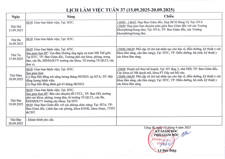Lịch làm việc tuần 37/2025 (15.9 - 20.9.2025)