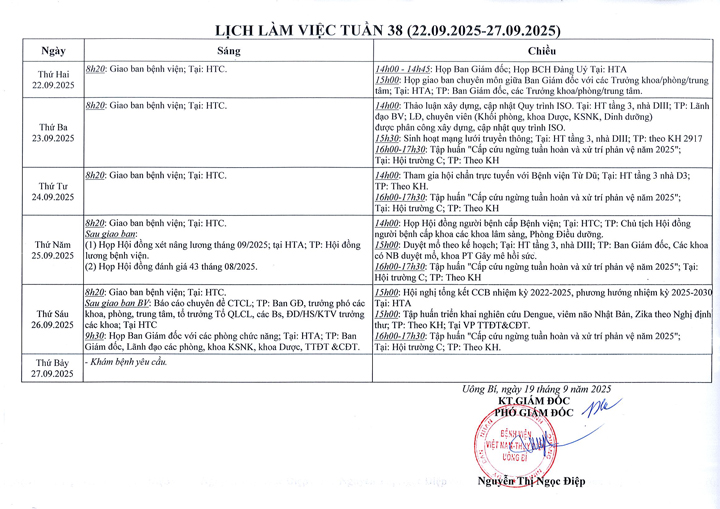 Lịch làm việc tuần 38/2025 (22.9 - 27.9.2025)