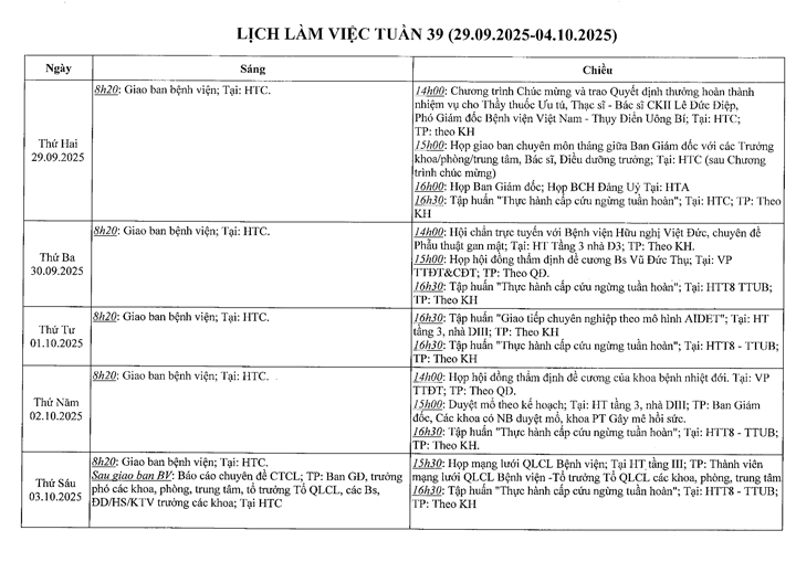 Lịch làm việc tuần 39 (29/9 - 04/10/2025)