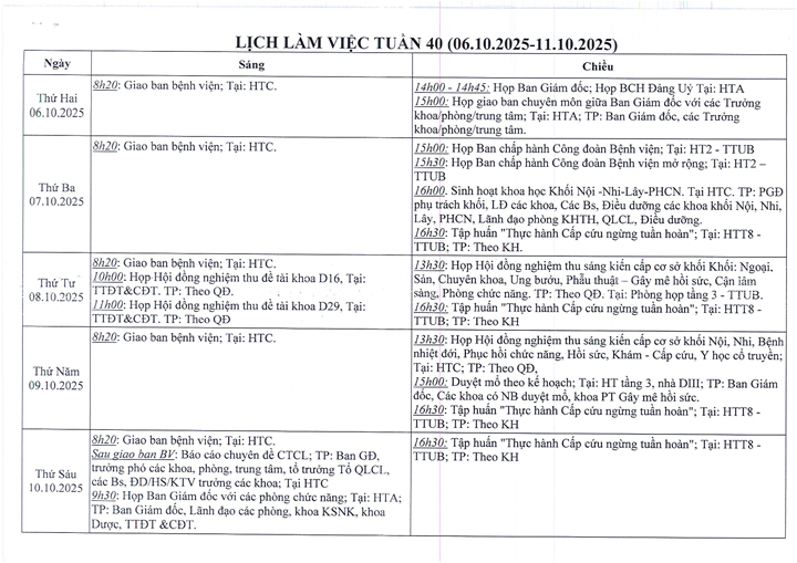 Lịch làm việc tuần 40 (06/10 - 11/10/2025)