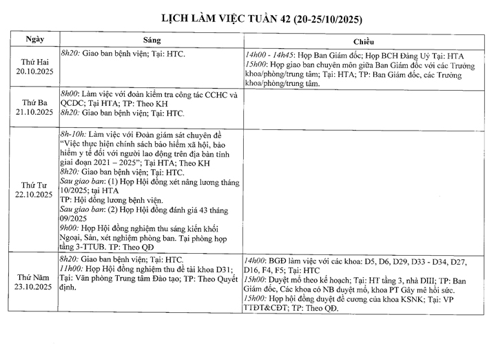 Lịch làm việc tuần 42 (20/10 - 25/10/2025)
