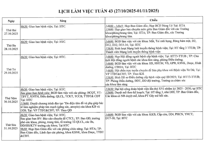 Lịch làm việc tuần 43 ( 27/10 - 01/11/2025 )