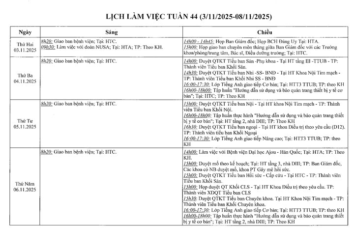 Lịch làm việc tuần 44 ( 3/11 - 8/11/2025 )