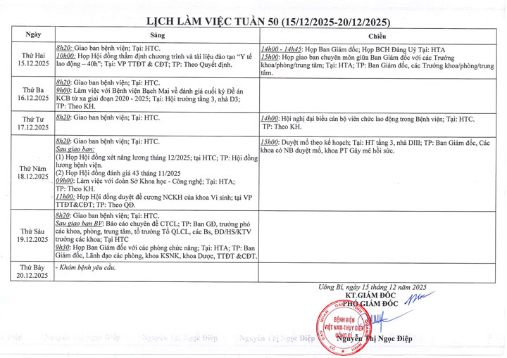 Lịch làm việc tuần 50 (15/12 - 20/12/2025)