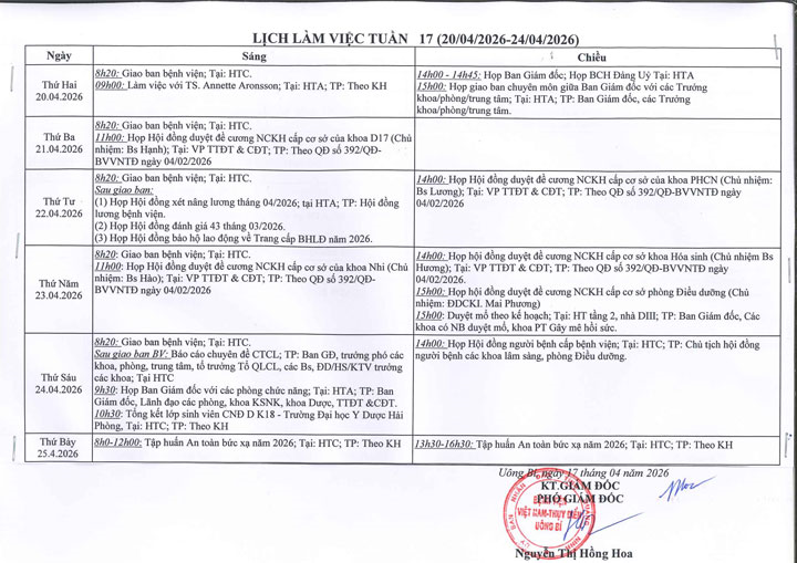 Lịch làm việc tuần 17 (20/4 - 24/4/2026)
