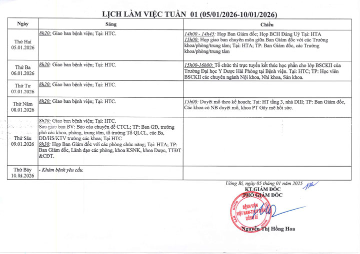 Lịch làm việc tuần 01 (05/1 - 10/1/2026)