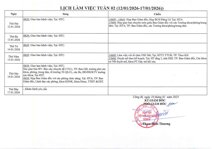 Lịch làm việc tuần 02 (12/1 - 17/1/2026)