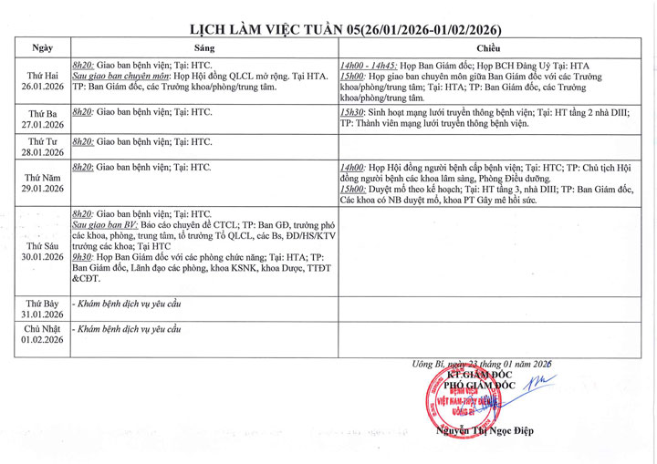 Lịch làm việc tuần 05 (26/1 - 01/2/2026)