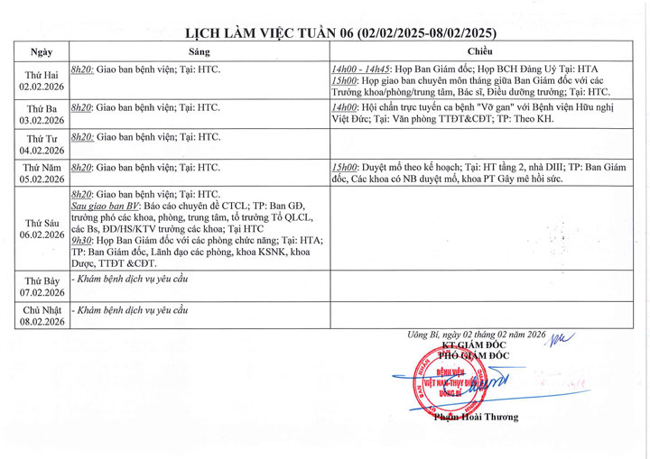 Lịch làm việc tuần 06 (02/2 - 08/2/2026)