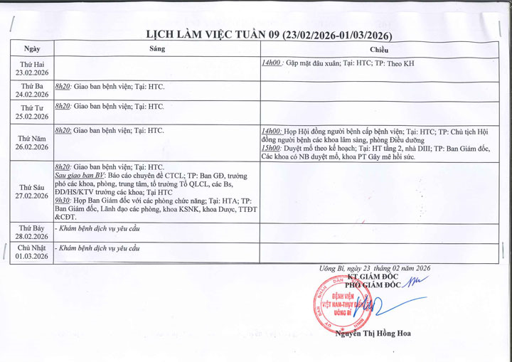 Lịch làm việc tuần 09 (23/2 - 01/3/2026)