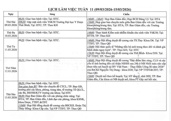 Lịch làm việc tuần 11 (9/3 - 15/3/2026)