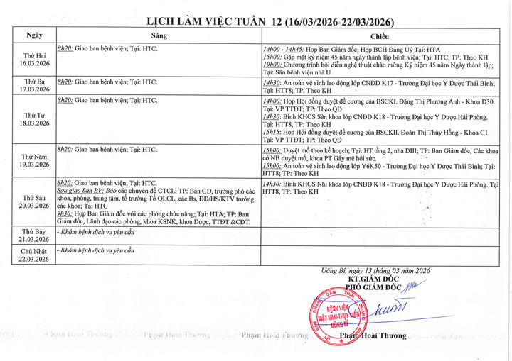 Lịch làm việc tuần 12 (16/3 - 22/3/2026)