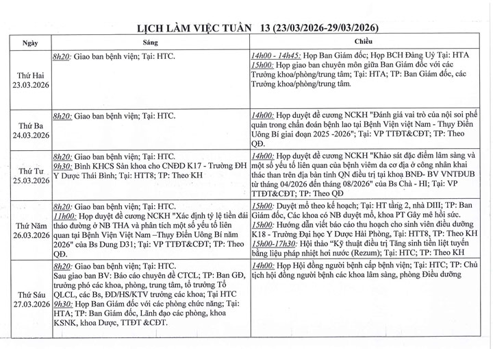 Lịch làm việc tuần 13 (23/3 - 29/3/2026)