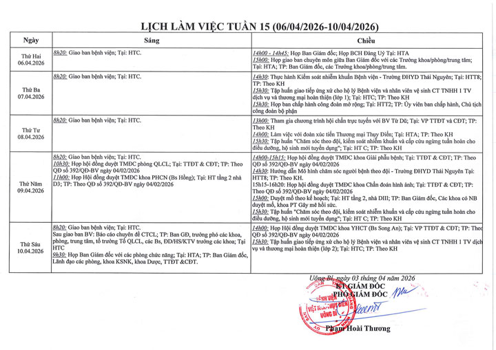 Lịch làm việc tuần 15 (6/4 - 10/4/2026)