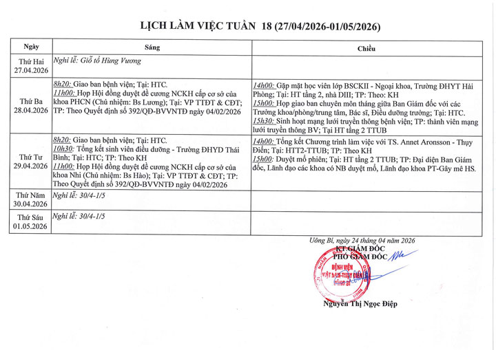 Lịch làm việc tuần 18 (27/4 - 1/5/2026)