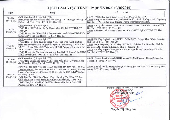 Lịch làm việc tuần 19 (4/5 - 10/5/2026)