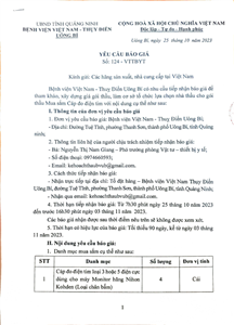 Thư mời chào giá số 124-VTTBYT lựa chọn nhà thầu cho gói thầu mua sắm cáp đo điện tim