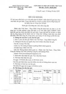 Yêu cầu báo giá ngày 14/9/2026 v/v mua sắm dịch vụ tư vấn thẩm định E-HSMT, thẩm định kết quả lựa chọn nhà thầu gói thầu: Cung cấp thiết bị và dịch vụ nâng cấp hạ tầng mạng nội bộ bệnh viện từ 1Gbps lên 10Gps