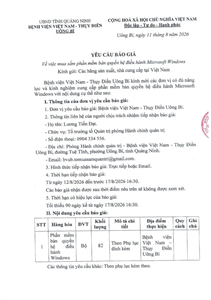 Yêu cầu báo giá ngày 11/8/2026 về việc mua sắm phần mềm bản quyền hệ điều hành Microsoft Windows