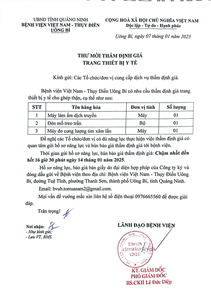 Thư mời thẩm định giá trang thiết bị y tế ngày 07/01/2025 đơn vị cung cấp trang thiết bị y tế cho ghép thận