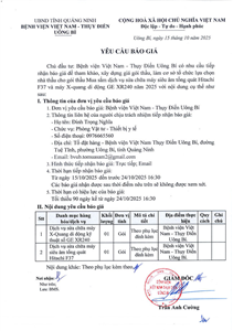 Yêu cầu báo giá ngày 15/10/2025 gói thầu Mua sắm dịch vụ sửa chữa máy siêu âm tổng quát Hitachi F37 và máy X-quang di động GE XR240 năm 2025