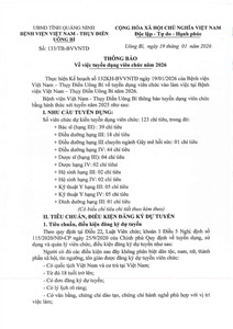Thông báo số 133/TB-BVVNTĐ v/v tuyển dụng viên chức năm 2026